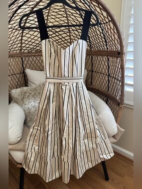 Rubber Ducky Productions Silk Cream and Black Stripe Fit and Flare Dress Medium